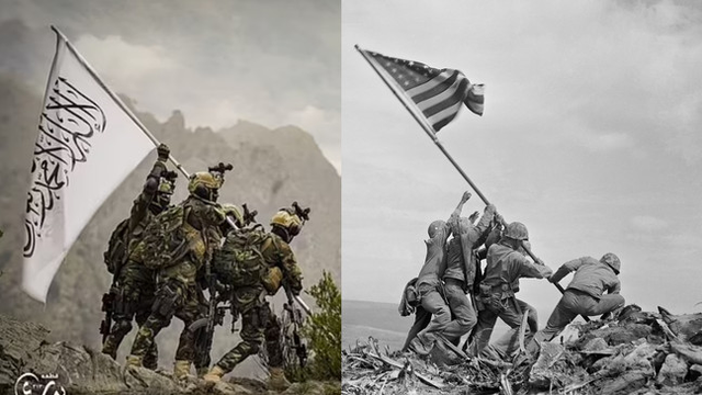 塔利班特种部队身穿美制装备,模仿美军将"美国国旗插上硫磺岛"