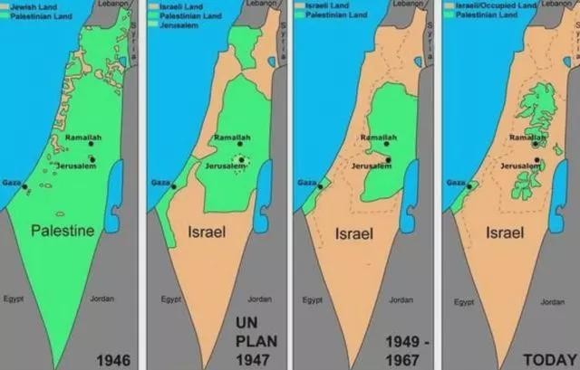 巴勒斯坦(绿色)领土日益缩小,黄色部分为以色列