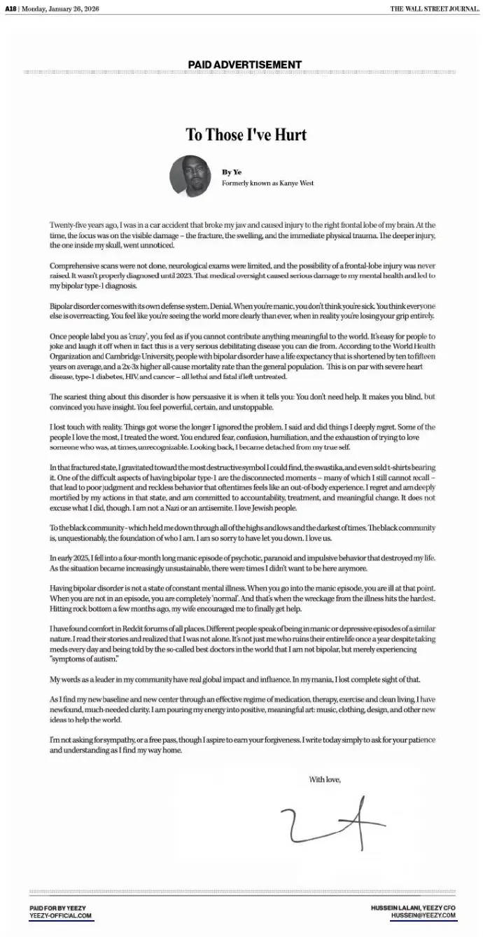 侃爷登报为过往争议道歉 称双相情感障碍致失控