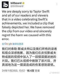 Billboard榜单被指侮辱霉霉 争议片段引发热议