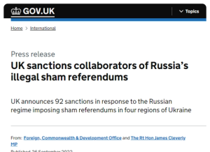 英国政府宣布92项对俄制裁措施，声称回应乌4地区“入俄公投”