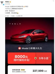 特斯拉Model3降價(jià)8000元 新春大禮包限時(shí)優(yōu)惠