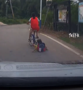 姐姐騎車過減速帶后座妹妹被顛掉 后方司機(jī)立即鳴笛提醒