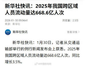 2025年我国人员流动量超660亿人次 同比增长3.5%