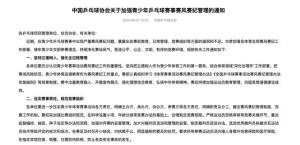 中国乒协加强青少年赛事赛风赛纪管理 通知全文发布