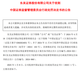 2025年1号罚单：涉两定增项目，这家券商被罚没超1500万 东吴证券遭重罚