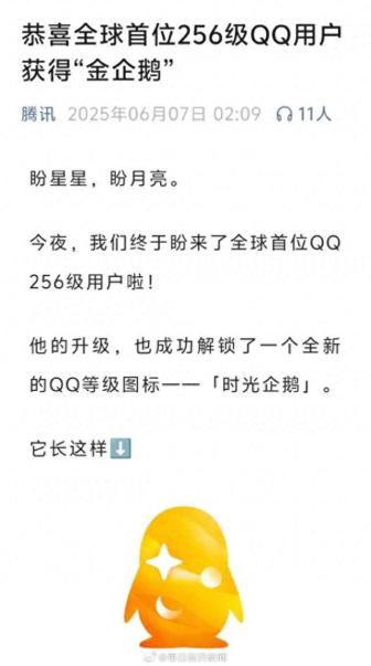 全球首位256級QQ用戶獲得“金企鵝” 掛機(jī)達(dá)人成就傳奇