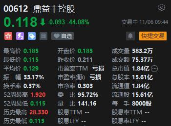 港股鼎益丰控股跌超38%