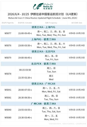 中国往返伊朗航线恢复运营 每周16班直飞