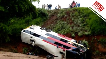 国际丨巴西一旅游客车撞车坠入山沟致5死 车头凹陷变形现场惨烈