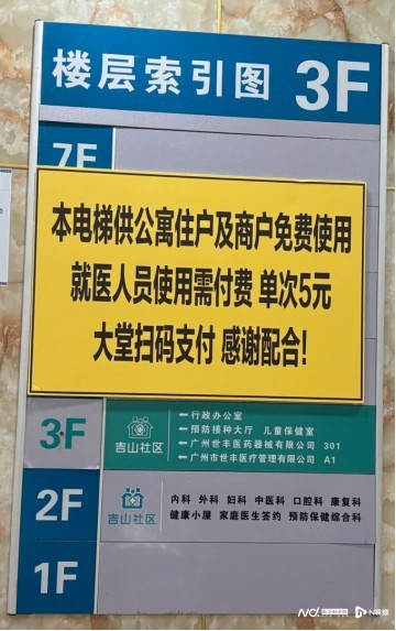 广州市天河区吉山社区医院就医人员乘电梯收费五元？医院回应：付费要求为公寓制定，现已取消
