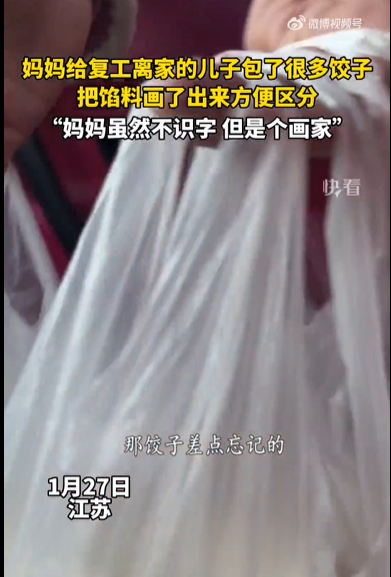 笑着笑着就看哭了，妈妈给儿子包饺子并画出馅料区分