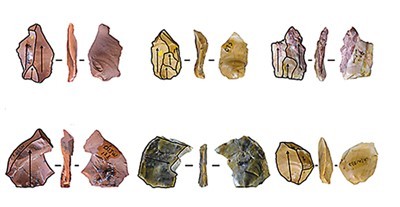 图为岑家湾遗址发现的准备石核技术相关石制品，其中图中上行为准备石核技术阶段4产品，图中下行为准备石核技术阶段5产品。　　（中国科学院古脊椎动物与古人类研究所供图）