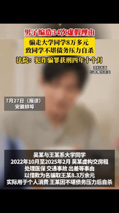 吴某骗取大学同学8.3万多元，导致对方不堪债务重负自杀，法院判了