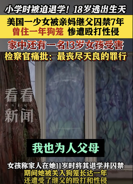 美一18歲少女被親媽繼父囚禁7年 被迫在狗籠生活一年