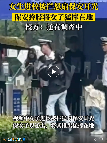 女子掌掴保安后被抱摔
