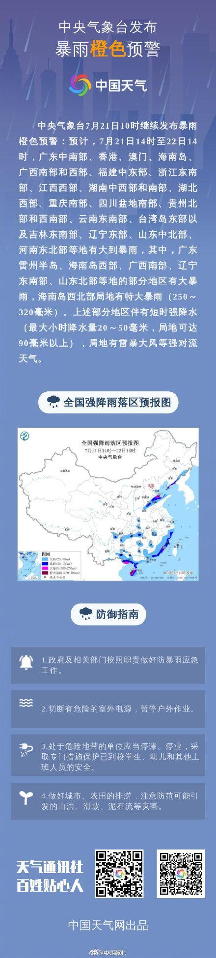 多省市将有大暴雨 多地发布橙色预警