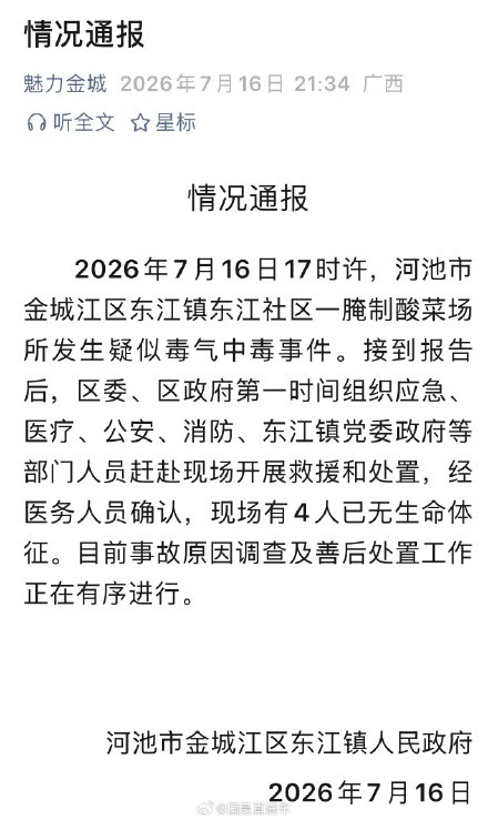 广西河池疑似毒气中毒事件致4死 事故原因调查中