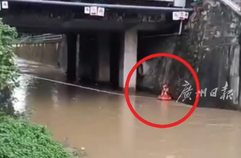 广州暴雨钓鱼男子被困浅滩 消防紧急救援