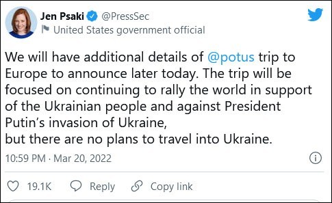 白宫：拜登没有前往乌克兰的计划