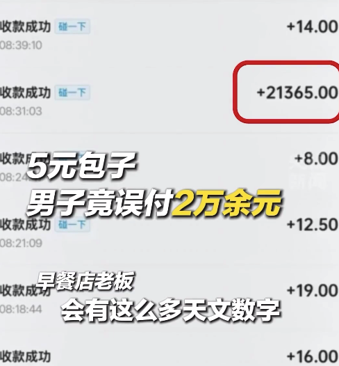 5元包子顧客誤付2萬余元 早餐店老板苦等20天報警歸還