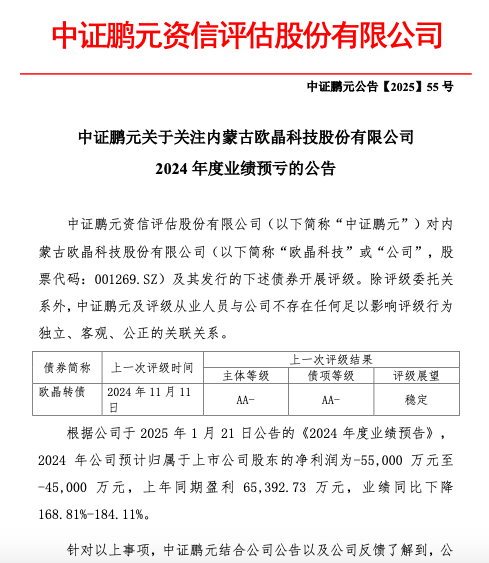 欧晶科技2024年预亏或达5.5亿元，中证鹏元决定维持公司主体信用等级为AA