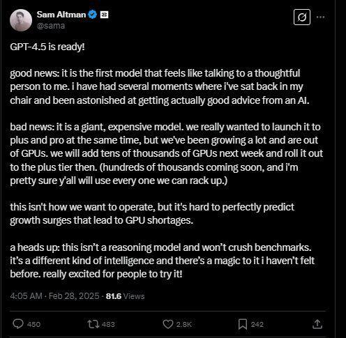 OpenAI推出GPT4.5研究預覽版 情商更高、幻覺更少 Altman：下周再增數(shù)萬GPU