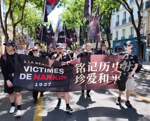马库斯在巴黎举行悼念日本侵华死难者和南京大屠杀死难者、传递和平与真相的游行纪念活动