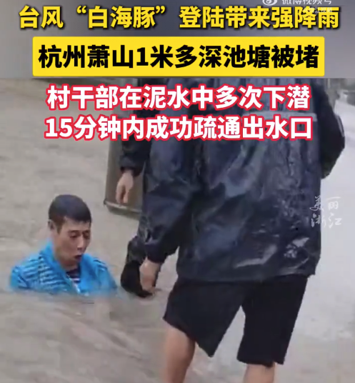 台风致1米多深池塘被堵 村干部泥水中多次下潜疏通出水口