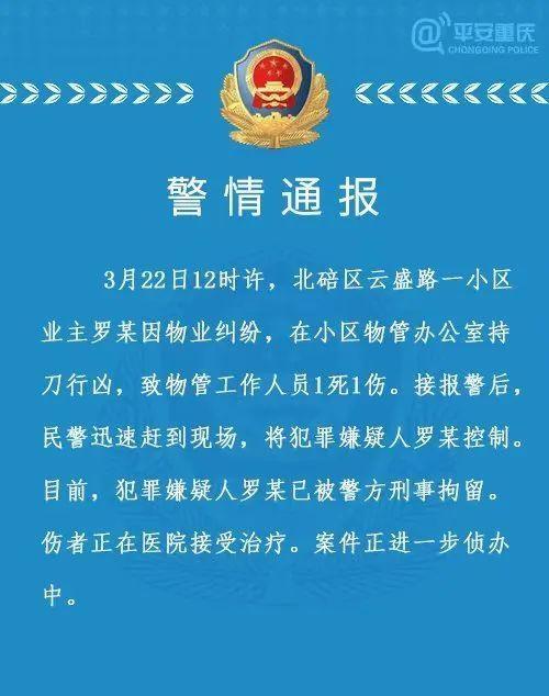 重庆男子小区行凶致物业安保人员1死1伤 警方介入