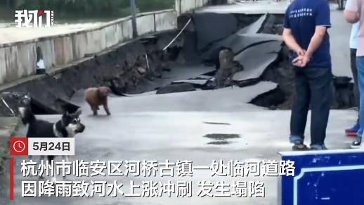 杭州遇暴雨一古镇临河道路路面塌陷 镇政府回应