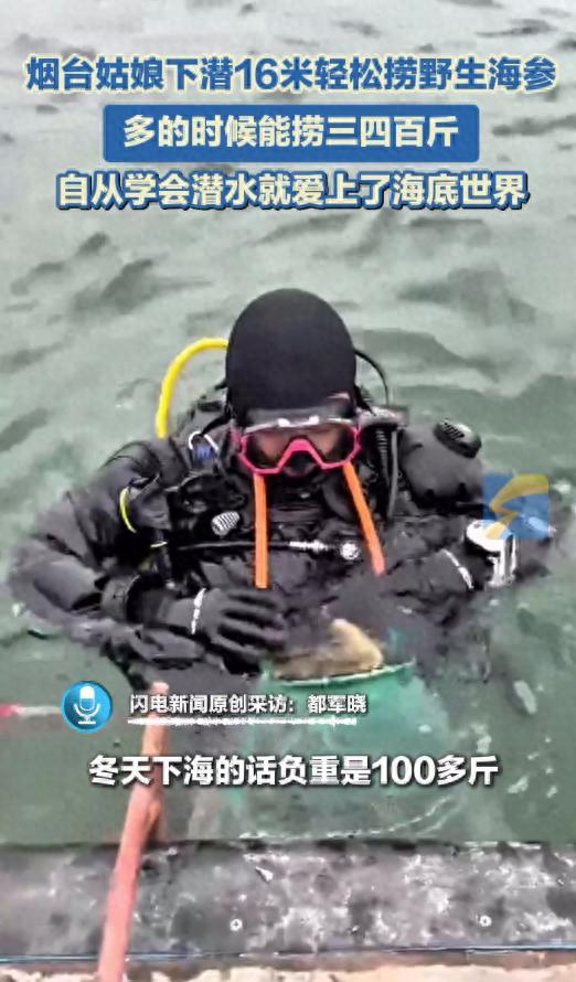 女子学潜水海底捞野生海参 下潜16米轻松捞
