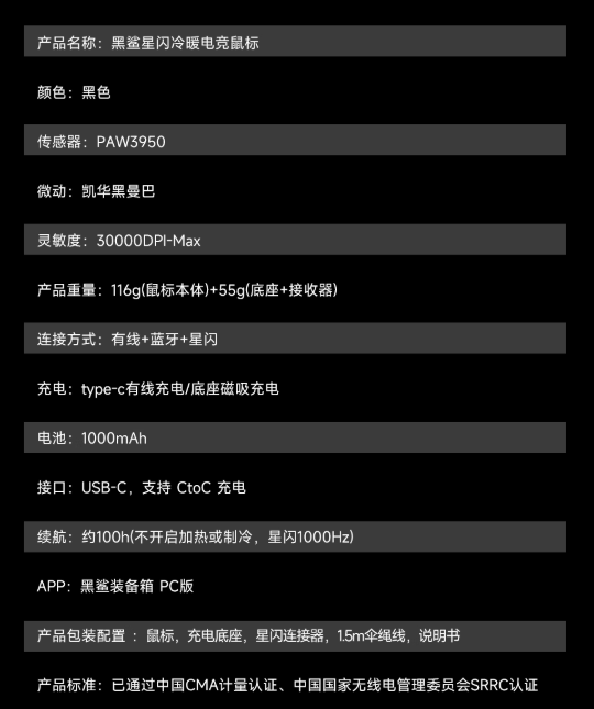 黑鲨全球首发冷暖鼠标：升温可达 20°C、支持星闪，439 元起