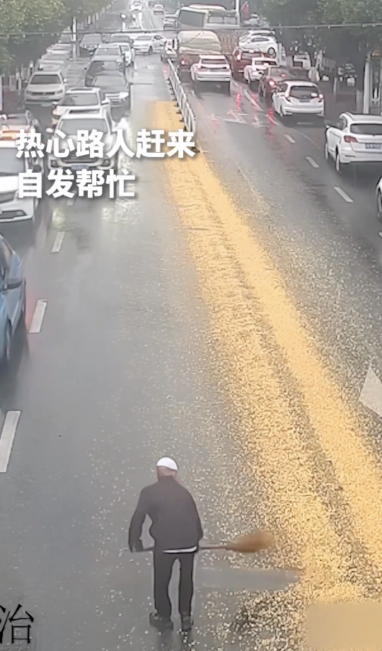 货车掉落玉米粒众人纷纷帮忙