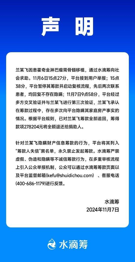 患癌筹款20万后买70万新房？水滴筹回应：已追回全部筹款，列入失信黑名单