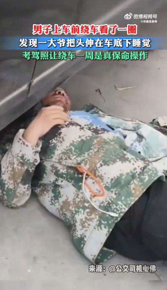 男子开车前发现一大爷头伸在车底睡觉