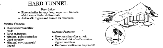 MX和平卫士导弹部署方案讨论中的加固隧道方案与洞库部署有异曲同工之妙，其最大的问题是反应速度慢，和不靠谱的掘进机械