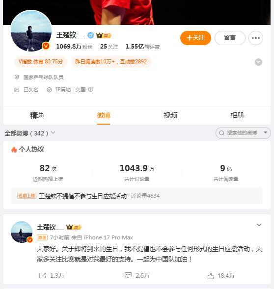 王楚钦26岁生日前喊停应援