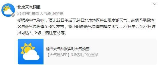 北京明日起受强冷空气影响 气温将骤降