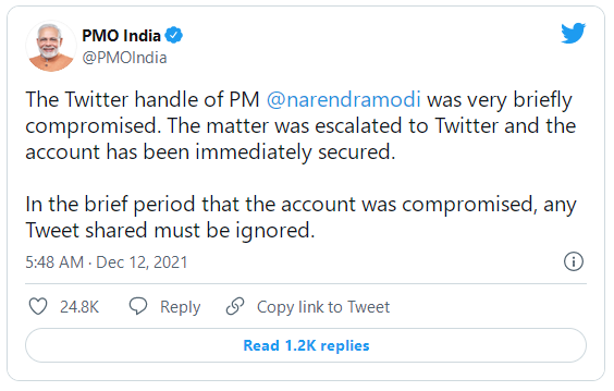 莫迪推特被盗，发推宣布“比特币为法定货币”