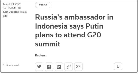 普京计划参加G20峰会美国 消息人士：美评估将俄排除G20之外
