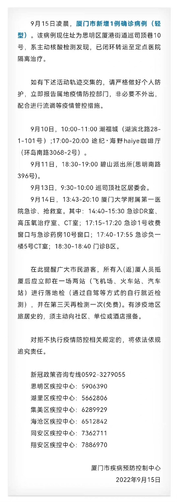9月15日凌晨厦门市新增1例确诊病例 