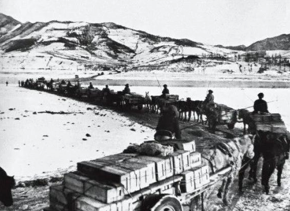 1950年11月，东北人民赶着马车，通过鸭绿江浮桥向朝鲜前线运送弹药和军需物资