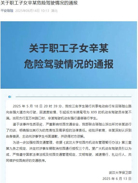 武大职工子女逼停骑车学生 事件引发校园交通安全关注