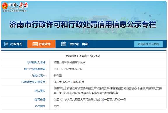 因违反《中华人民共和国大气污染防治法》，济南山源环保科技被罚4.7万元