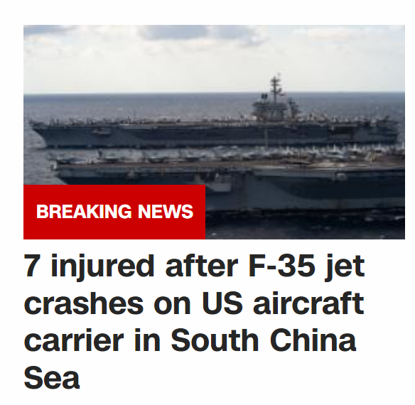 美航母刚来南海炫耀，F-35战机降落时发生事故