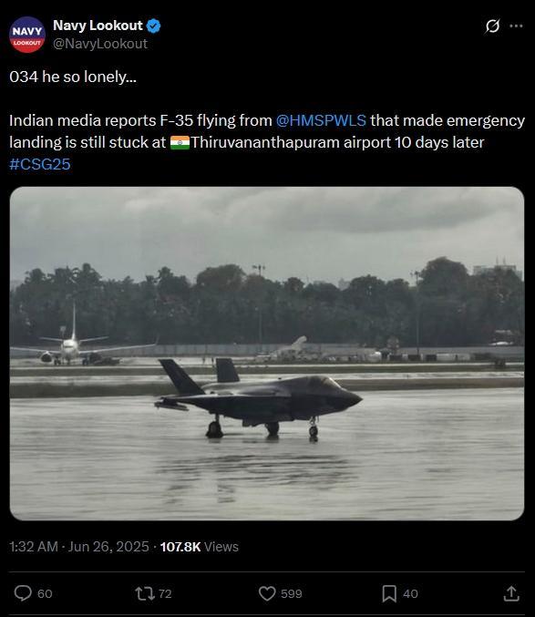 英F-35戰(zhàn)機(jī)“趴窩”印度機(jī)場20天,，印度人集體調(diào)侃：果然是英國的，來了就不肯走 流連忘返成梗圖