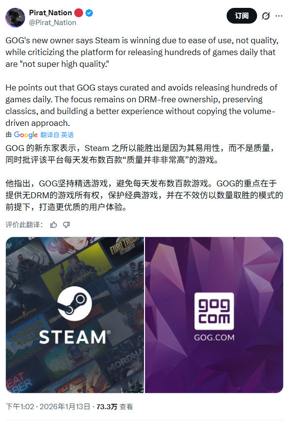 GOG老板暗讽Steam：每天发行数百款“垃圾”游戏