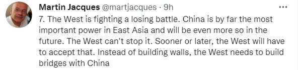 马丁·雅克连发8推：“西方正在打一场败仗”，西方需要与中国架起桥梁，而不是筑起高墙