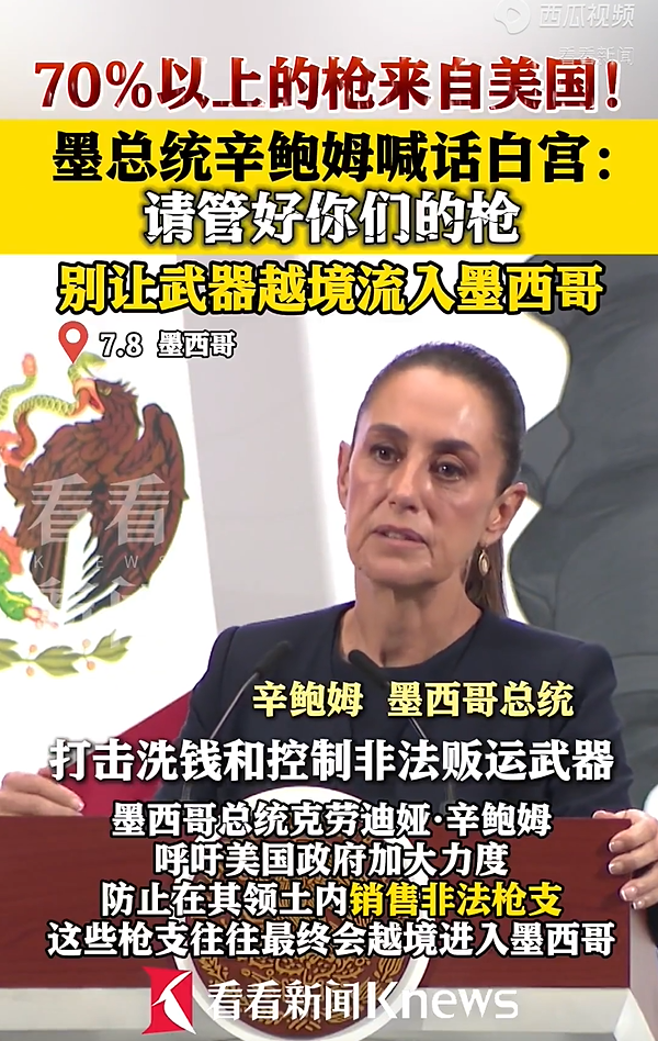 墨西哥女總統(tǒng)喊話美國(guó)管好自己的槍 70%非法槍支來(lái)自美國(guó)！